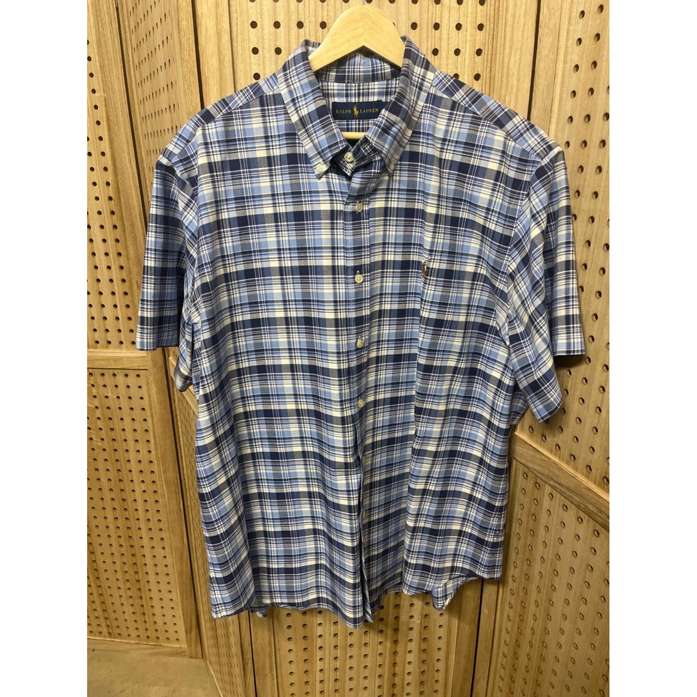 Ralph Lauren Mens Blue White Plaid Short Sleeve Button Down Shirt XL Pony Logo